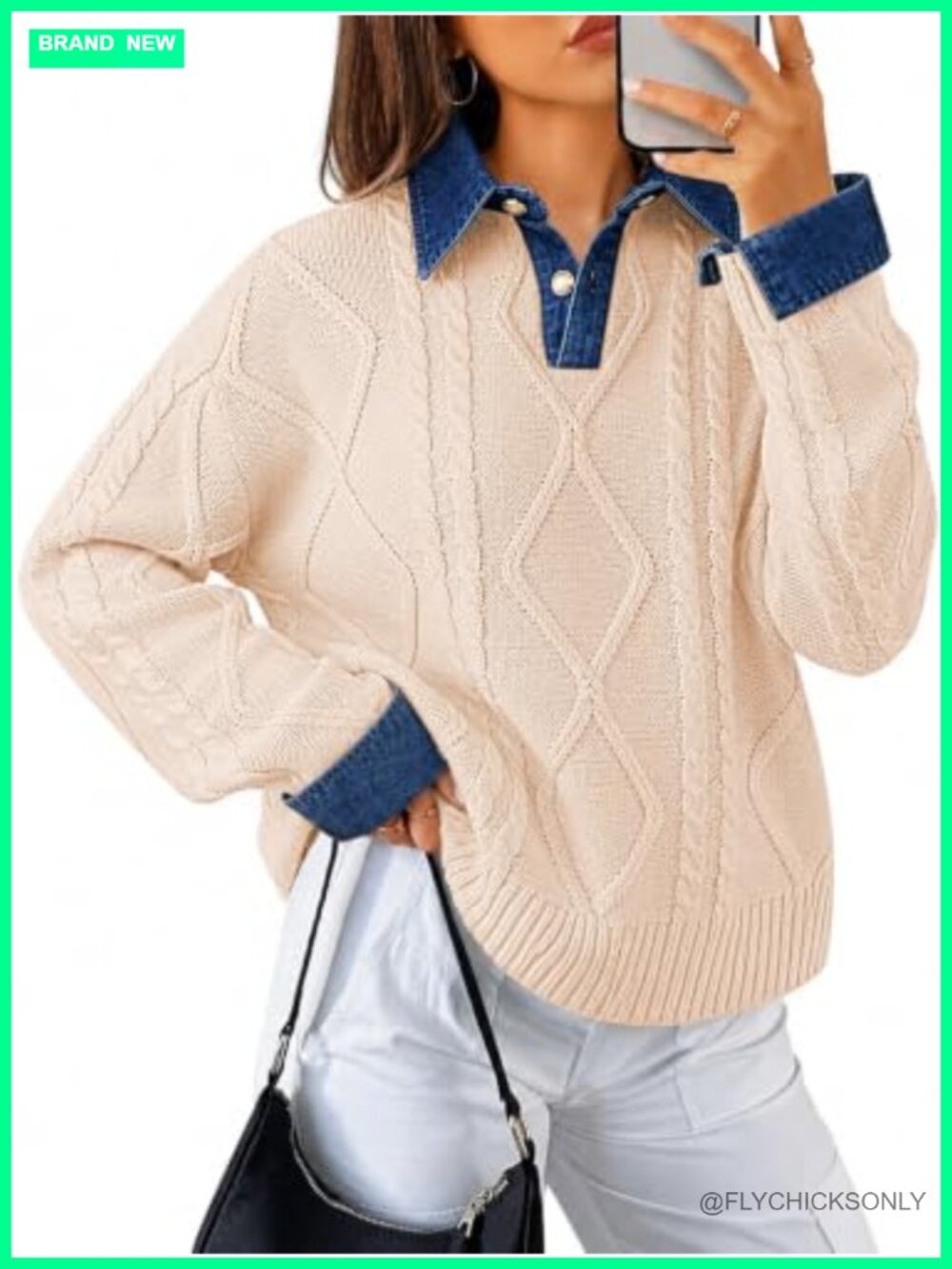 Cable Knit V-Neck Pullover Sweater with Button Down Collar and Denim-Style Cuffs